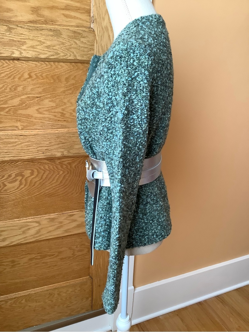 TALBOTS Textured Green Wool Bouclé Cardigan Crop Jacket M - Picture 3 of 11